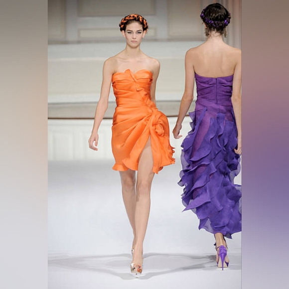 ◇$4,500 NEW OSCAR DE LA RENTA ORANGE  SILK FLOWER RUNWAY DRESS US 12 - Picture 12 of 13